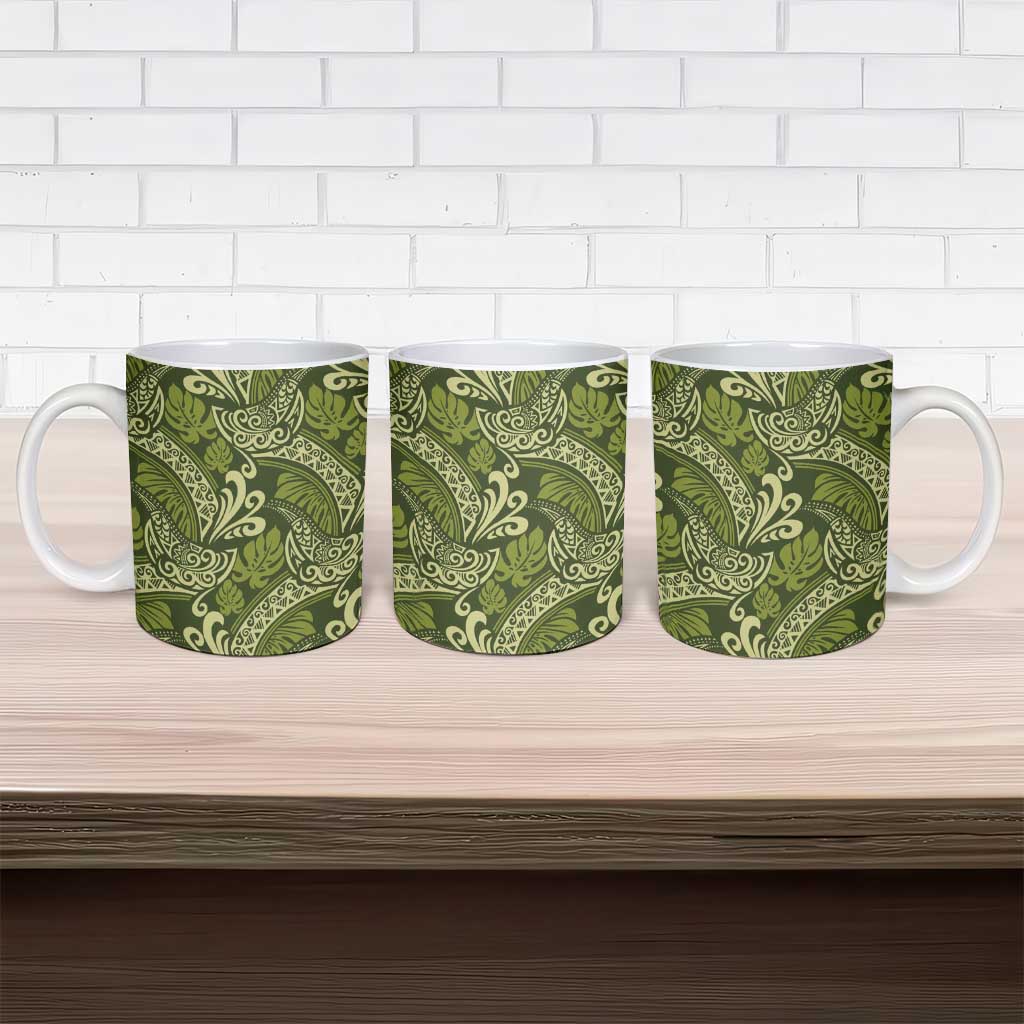 Olive Green Monstera Ceramic Mug Polynesian Tribal Pattern LT01 - Polynesian Pride