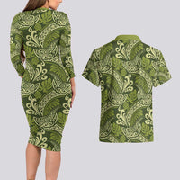 Olive Green Monstera Couples Matching Long Sleeve Bodycon Dress and Hawaiian Shirt Polynesian Tribal Pattern LT01 - Polynesian Pride