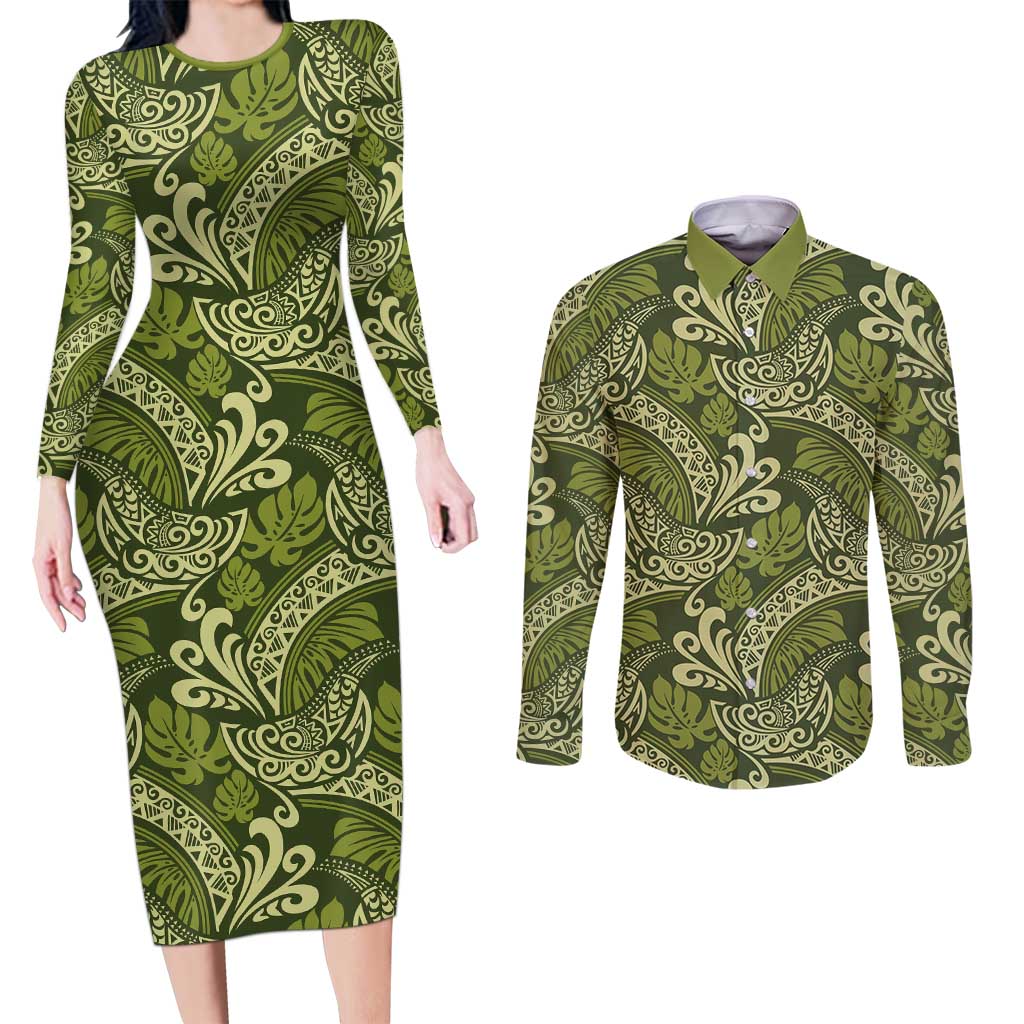 Olive Green Monstera Couples Matching Long Sleeve Bodycon Dress and Long Sleeve Button Shirt Polynesian Tribal Pattern LT01 Green - Polynesian Pride