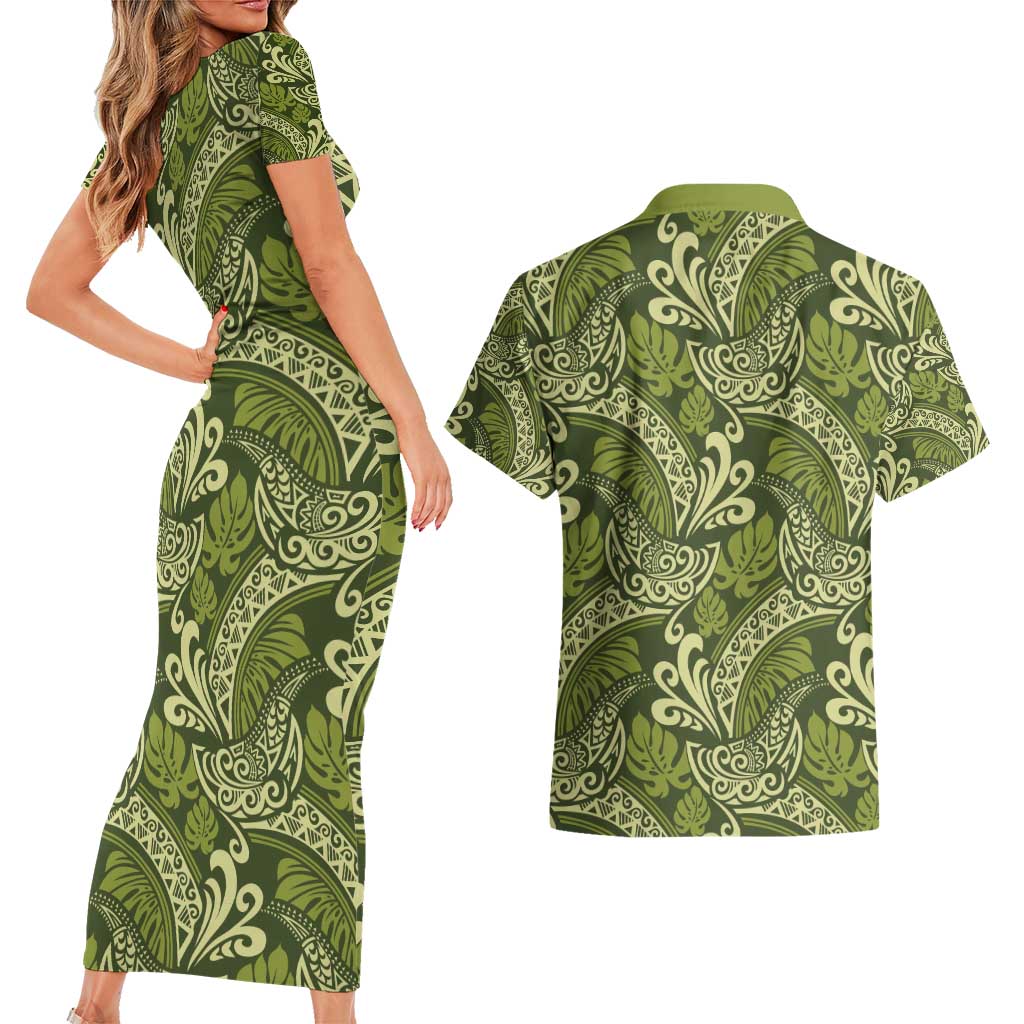 Olive Green Monstera Couples Matching Short Sleeve Bodycon Dress and Hawaiian Shirt Polynesian Tribal Pattern LT01 - Polynesian Pride