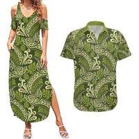 Olive Green Monstera Couples Matching Summer Maxi Dress and Hawaiian Shirt Polynesian Tribal Pattern LT01 Green - Polynesian Pride
