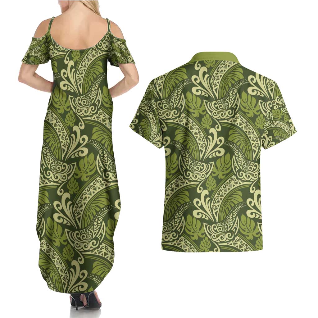 Olive Green Monstera Couples Matching Summer Maxi Dress and Hawaiian Shirt Polynesian Tribal Pattern LT01 - Polynesian Pride