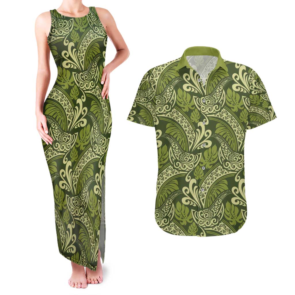 Olive Green Monstera Couples Matching Tank Maxi Dress and Hawaiian Shirt Polynesian Tribal Pattern LT01 Green - Polynesian Pride