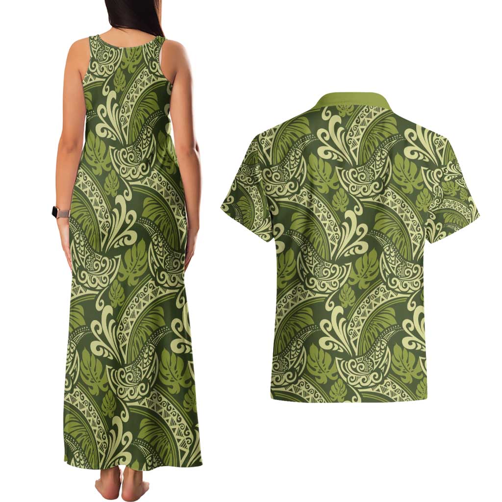 Olive Green Monstera Couples Matching Tank Maxi Dress and Hawaiian Shirt Polynesian Tribal Pattern LT01 - Polynesian Pride