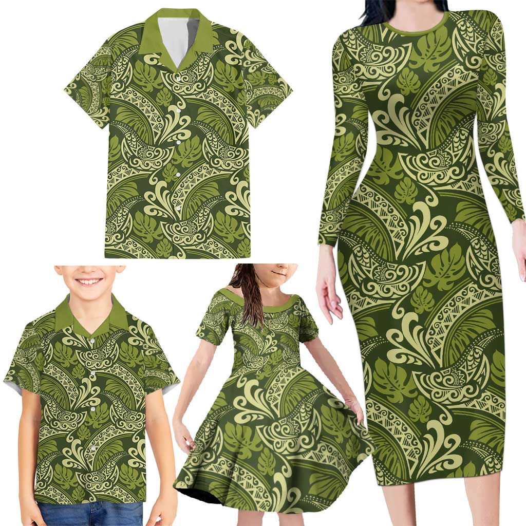 Olive Green Monstera Family Matching Long Sleeve Bodycon Dress and Hawaiian Shirt Polynesian Tribal Pattern LT01 - Polynesian Pride