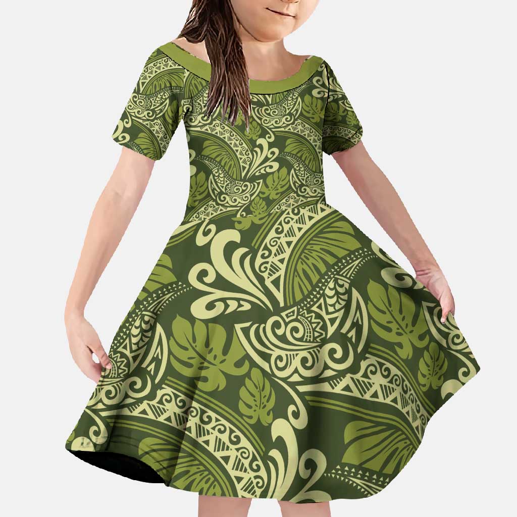 Olive Green Monstera Family Matching Mermaid Dress and Hawaiian Shirt Polynesian Tribal Pattern LT01 Daughter's Dress Green - Polynesian Pride