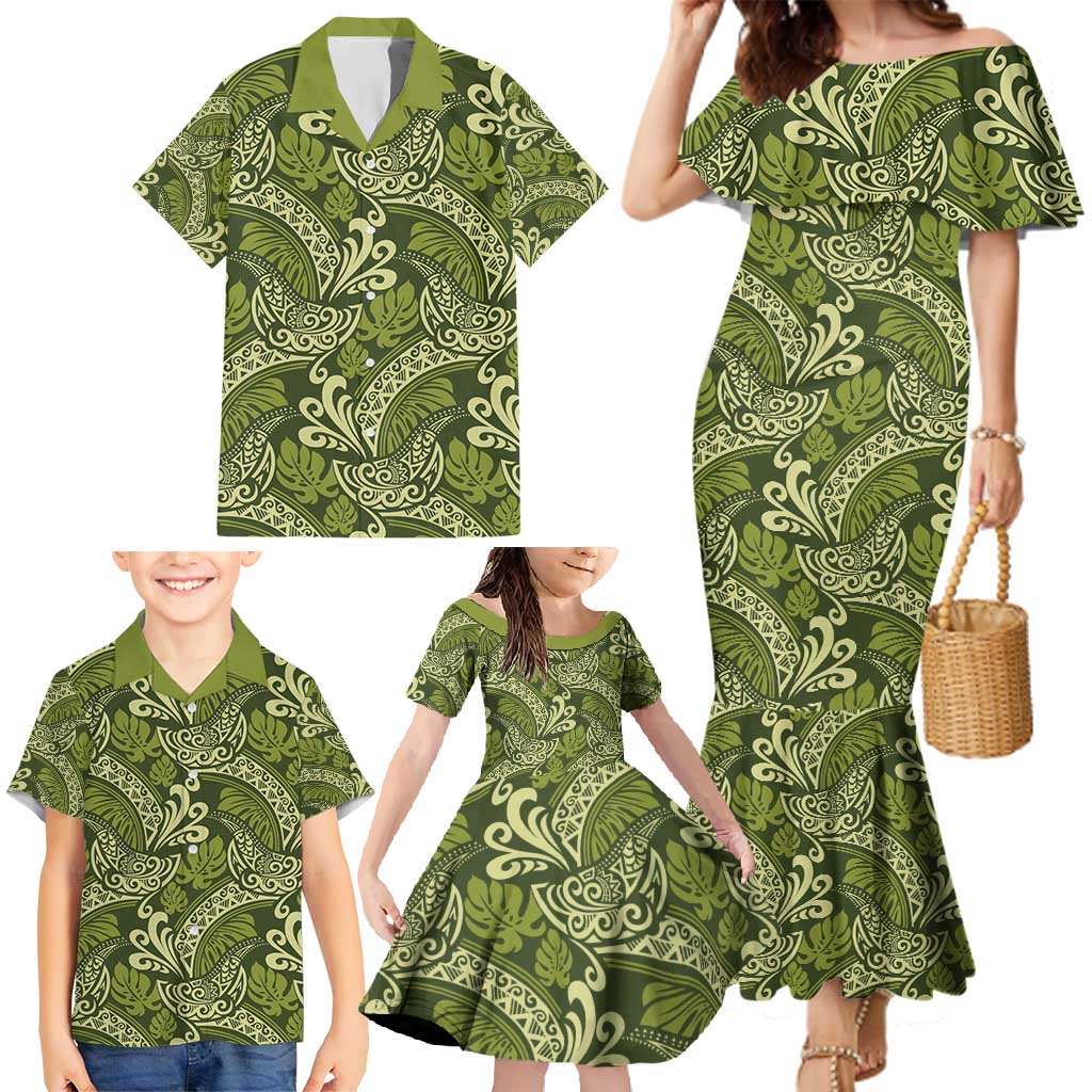 Olive Green Monstera Family Matching Mermaid Dress and Hawaiian Shirt Polynesian Tribal Pattern LT01 - Polynesian Pride