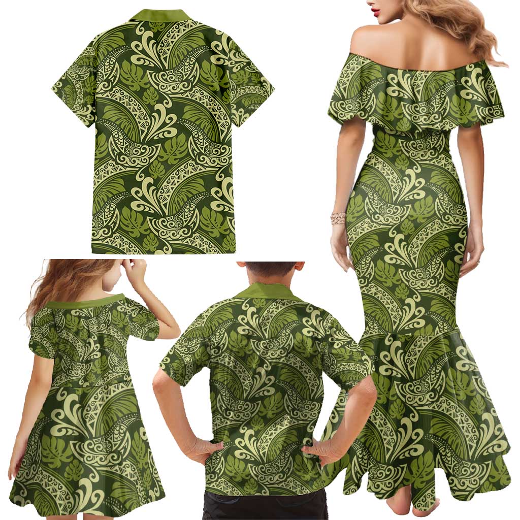 Olive Green Monstera Family Matching Mermaid Dress and Hawaiian Shirt Polynesian Tribal Pattern LT01 - Polynesian Pride
