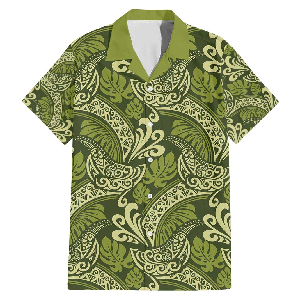 Olive Green Monstera Family Matching Mermaid Dress and Hawaiian Shirt Polynesian Tribal Pattern LT01 Dad's Shirt - Short Sleeve Green - Polynesian Pride