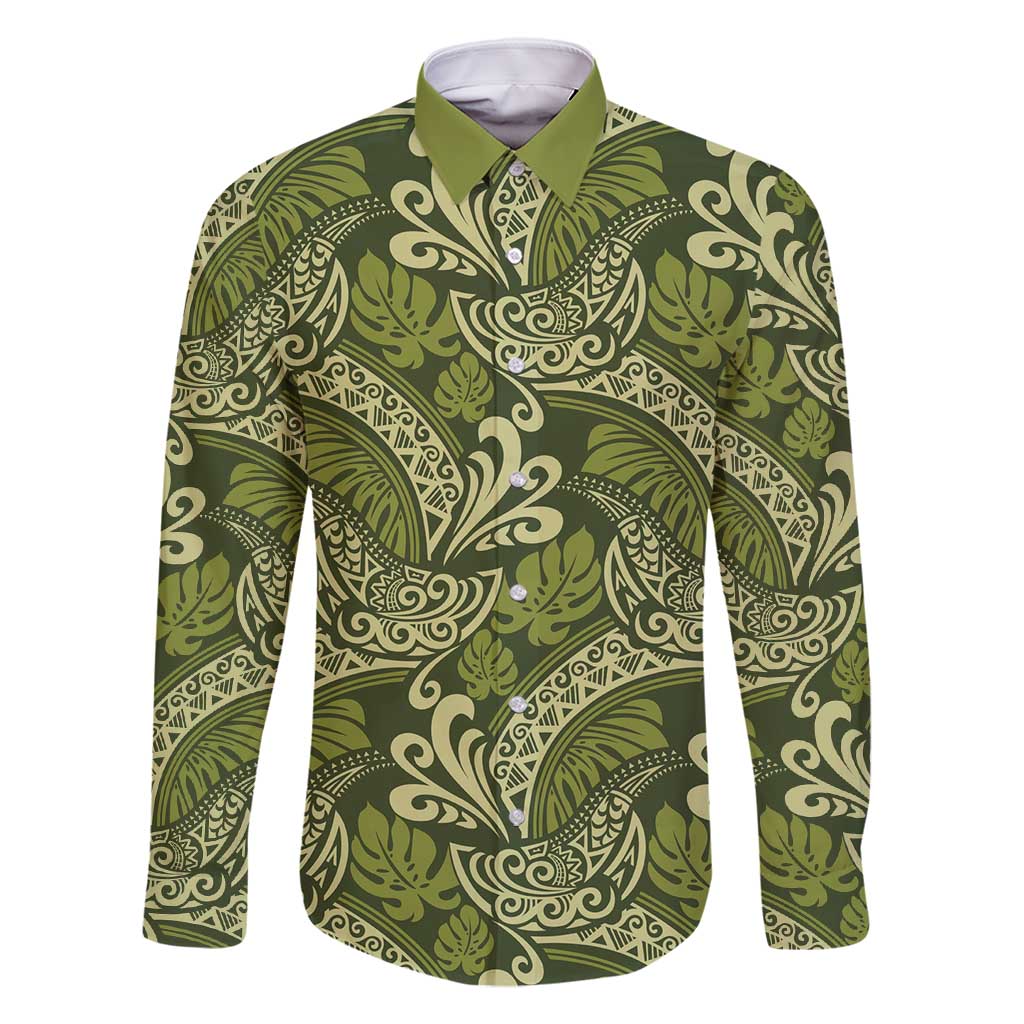 Olive Green Monstera Family Matching Mermaid Dress and Hawaiian Shirt Polynesian Tribal Pattern LT01 Dad's Shirt - Long Sleeve Green - Polynesian Pride