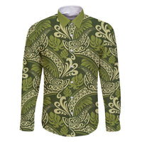Olive Green Monstera Family Matching Mermaid Dress and Hawaiian Shirt Polynesian Tribal Pattern LT01 Dad's Shirt - Long Sleeve Green - Polynesian Pride