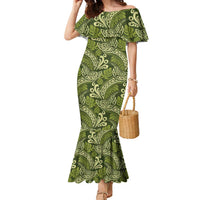 Olive Green Monstera Family Matching Mermaid Dress and Hawaiian Shirt Polynesian Tribal Pattern LT01 Mom's Dress Green - Polynesian Pride