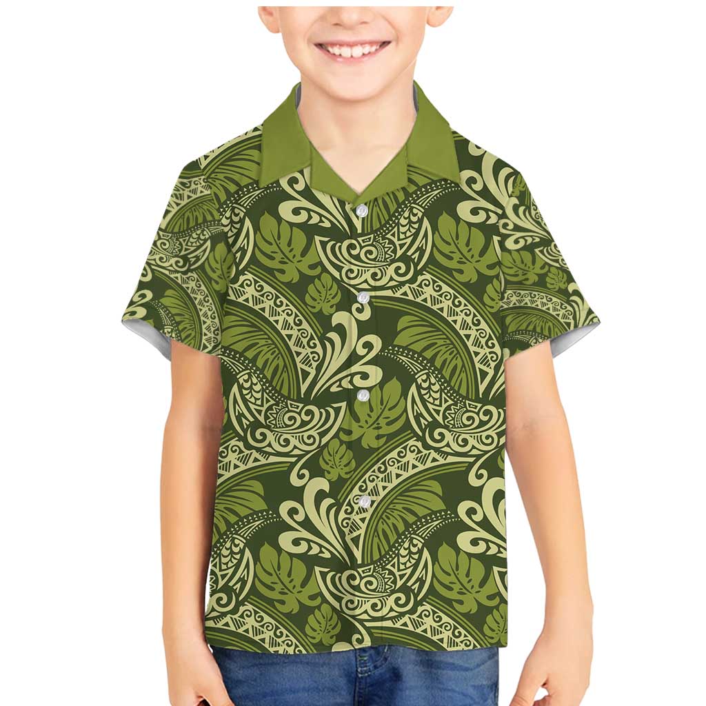 Olive Green Monstera Family Matching Mermaid Dress and Hawaiian Shirt Polynesian Tribal Pattern LT01 Son's Shirt Green - Polynesian Pride