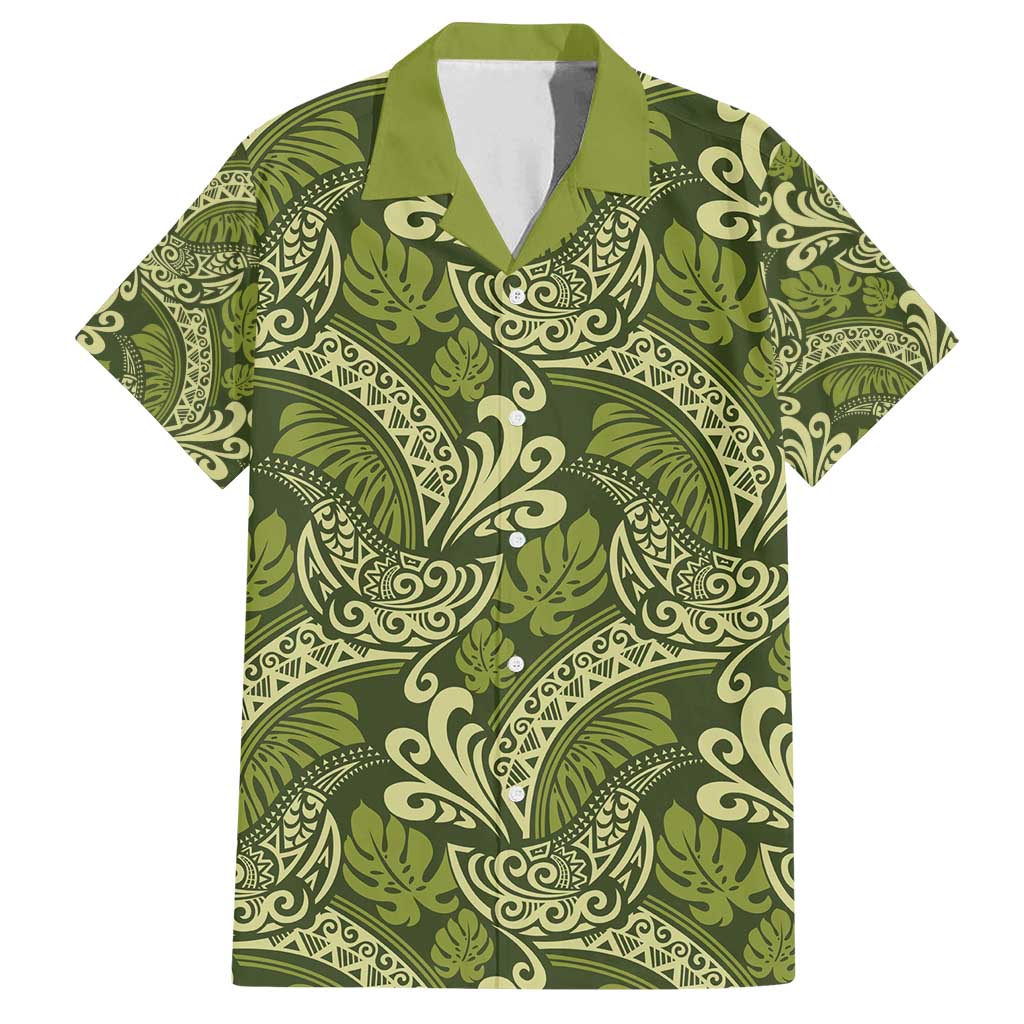 Olive Green Monstera Family Matching Off Shoulder Maxi Dress and Hawaiian Shirt Polynesian Tribal Pattern - Polynesian Pride