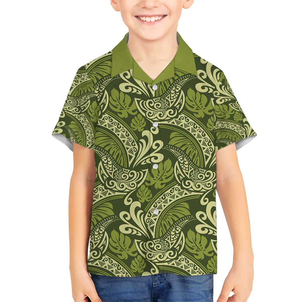Olive Green Monstera Family Matching Off Shoulder Maxi Dress and Hawaiian Shirt Polynesian Tribal Pattern - Polynesian Pride