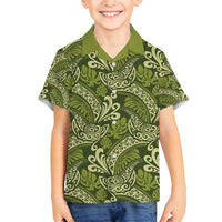 Olive Green Monstera Family Matching Off Shoulder Maxi Dress and Hawaiian Shirt Polynesian Tribal Pattern - Polynesian Pride