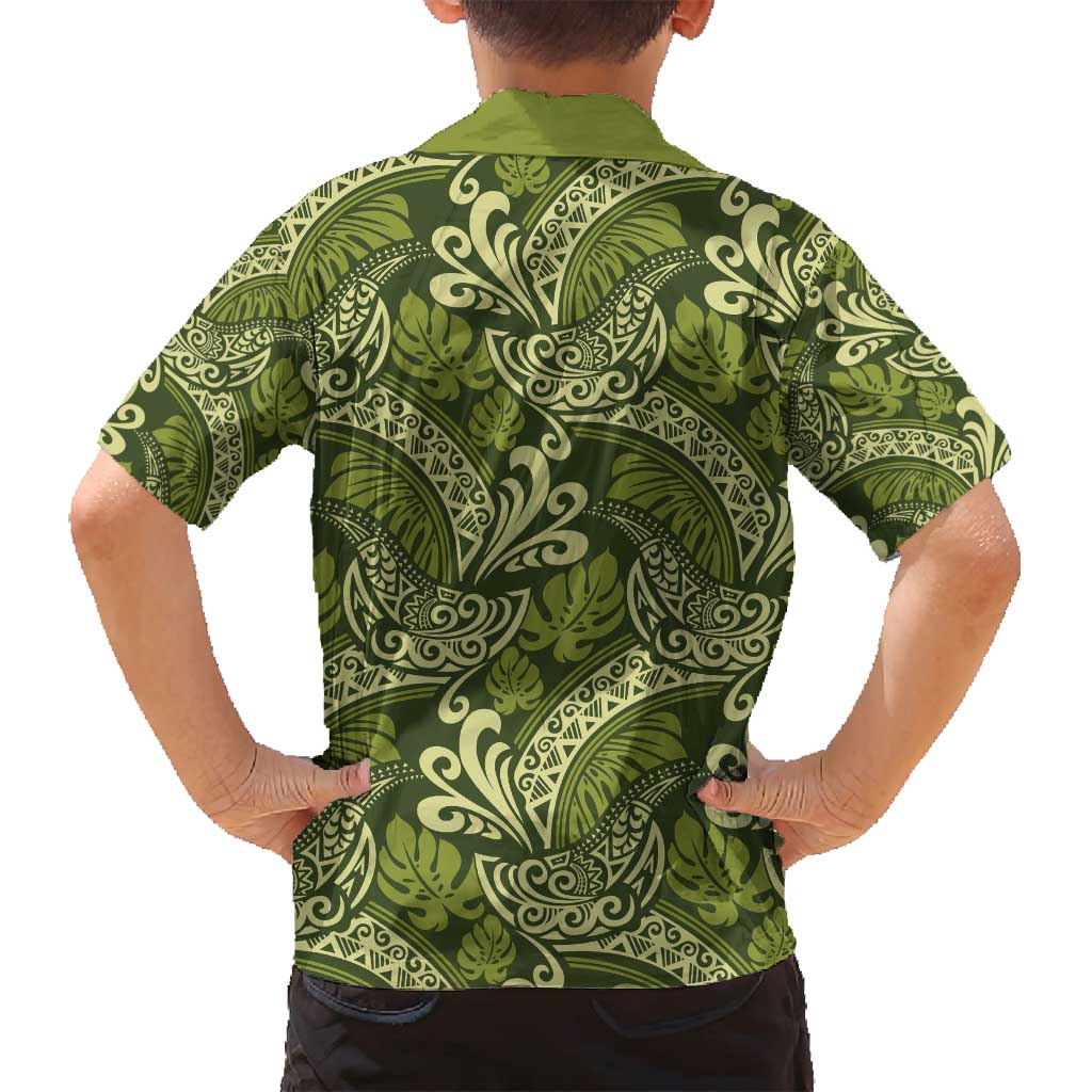 Olive Green Monstera Family Matching Off Shoulder Short Dress and Hawaiian Shirt Polynesian Tribal Pattern - Polynesian Pride