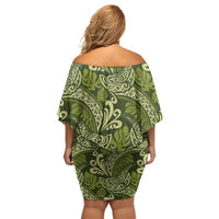 Olive Green Monstera Family Matching Off Shoulder Short Dress and Hawaiian Shirt Polynesian Tribal Pattern - Polynesian Pride
