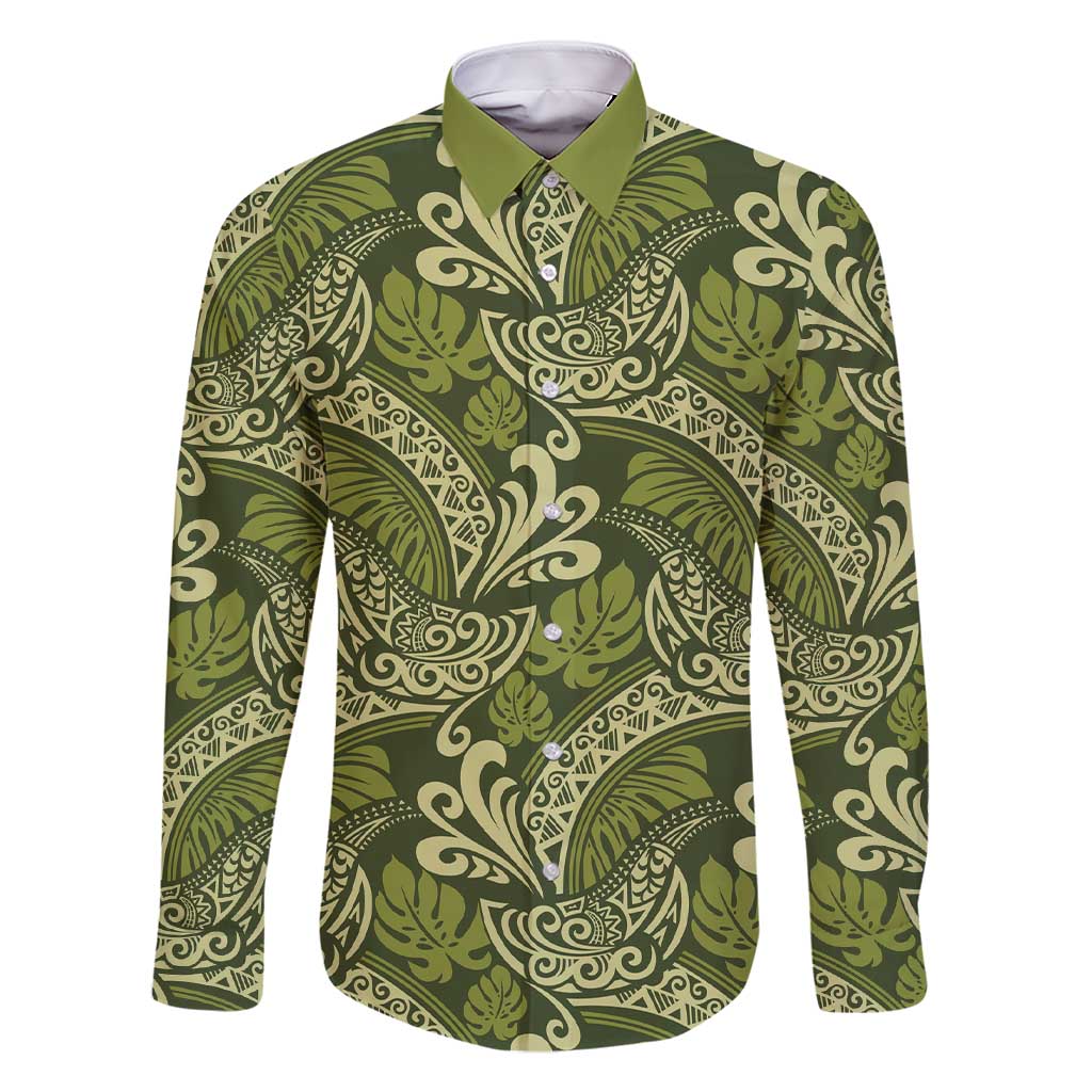 Olive Green Monstera Family Matching Short Sleeve Bodycon Dress and Hawaiian Shirt Polynesian Tribal Pattern - Polynesian Pride