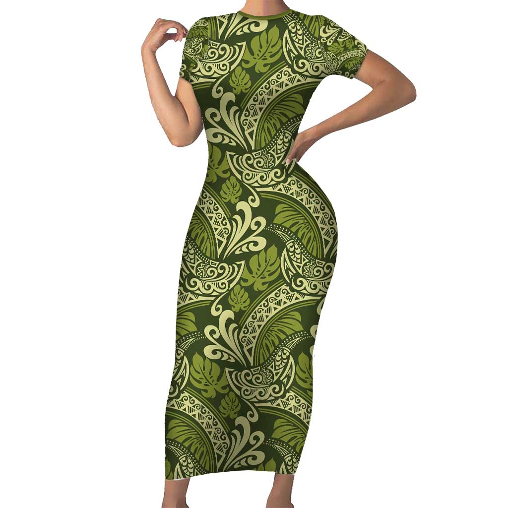Olive Green Monstera Family Matching Short Sleeve Bodycon Dress and Hawaiian Shirt Polynesian Tribal Pattern - Polynesian Pride