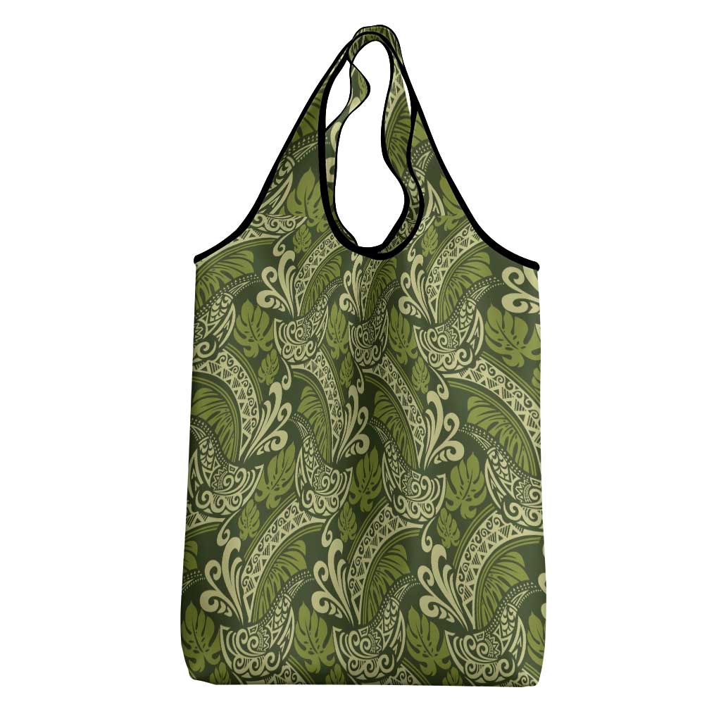 Olive Green Monstera Grocery Bag Polynesian Tribal Pattern LT01 - Polynesian Pride