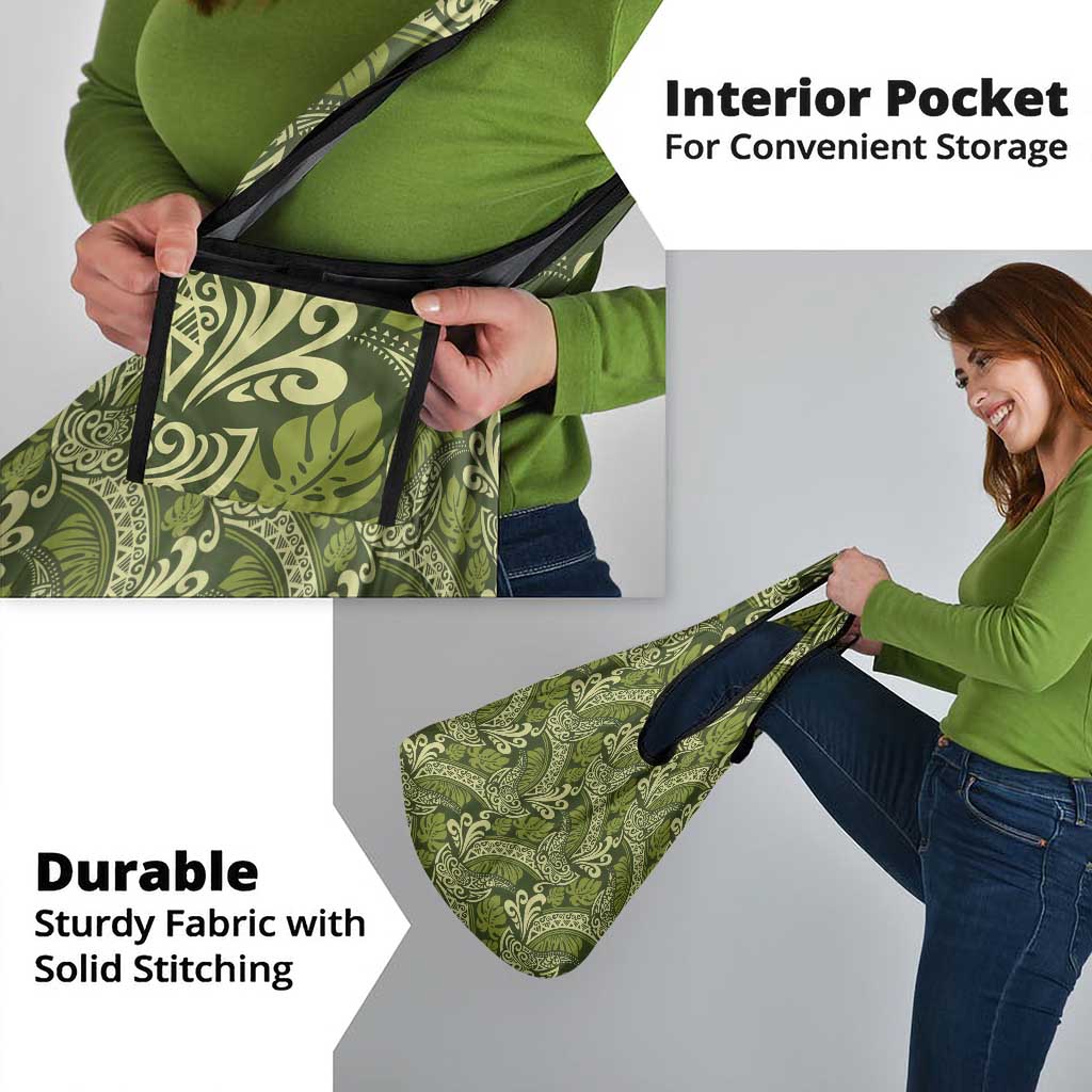 Olive Green Monstera Grocery Bag Polynesian Tribal Pattern LT01 - Polynesian Pride