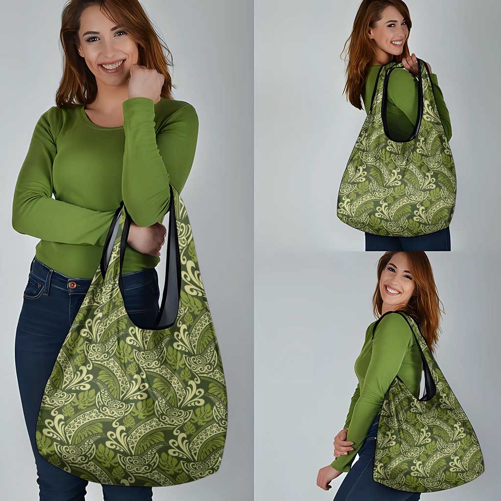 Olive Green Monstera Grocery Bag Polynesian Tribal Pattern LT01 - Polynesian Pride