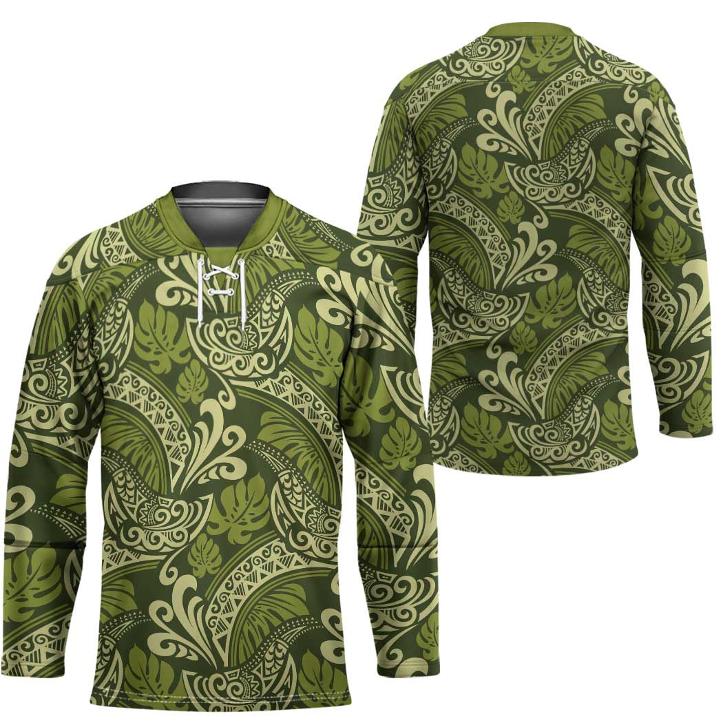 Olive Green Monstera Hockey Jersey Polynesian Tribal Pattern LT01 - Polynesian Pride