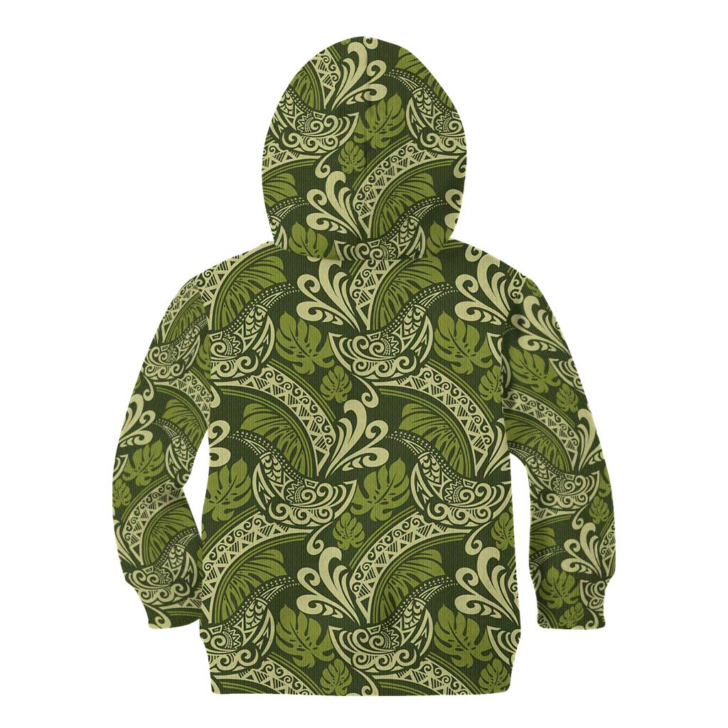 Olive Green Monstera Kid Hoodie Polynesian Tribal Pattern LT01 - Polynesian Pride