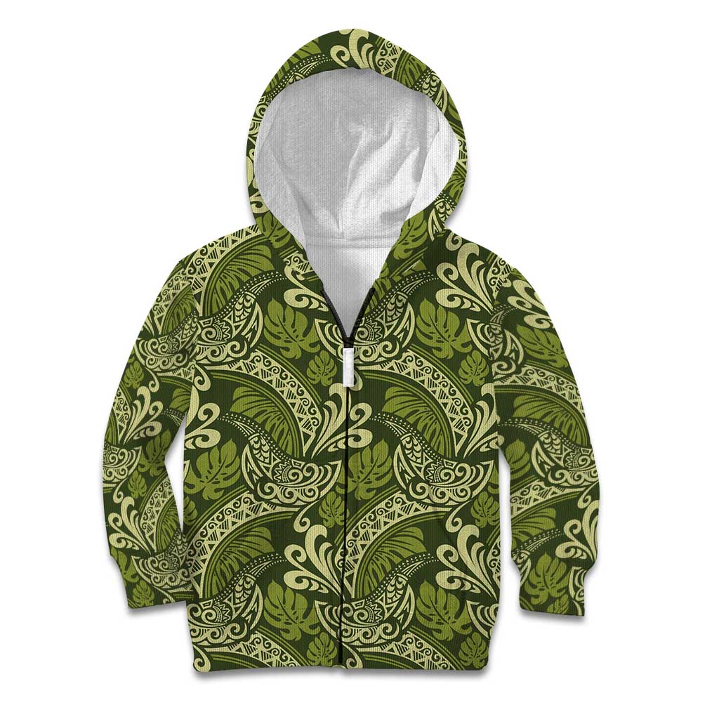 Olive Green Monstera Kid Hoodie Polynesian Tribal Pattern LT01 Zip Hoodie Green - Polynesian Pride