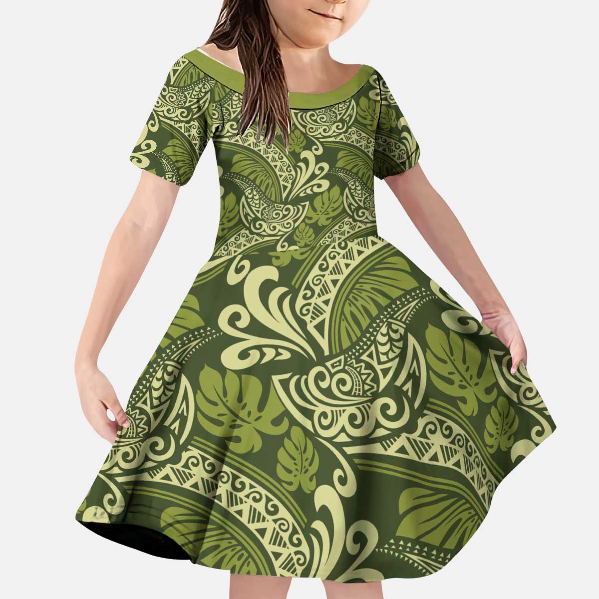 Olive Green Monstera Kid Short Sleeve Dress Polynesian Tribal Pattern LT01 KID Green - Polynesian Pride