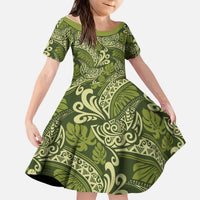 Olive Green Monstera Kid Short Sleeve Dress Polynesian Tribal Pattern LT01 KID Green - Polynesian Pride