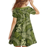 Olive Green Monstera Kid Short Sleeve Dress Polynesian Tribal Pattern LT01 - Polynesian Pride