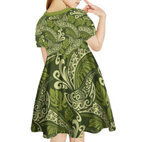 Olive Green Monstera Kid Short Sleeve Dress Polynesian Tribal Pattern LT01 - Polynesian Pride