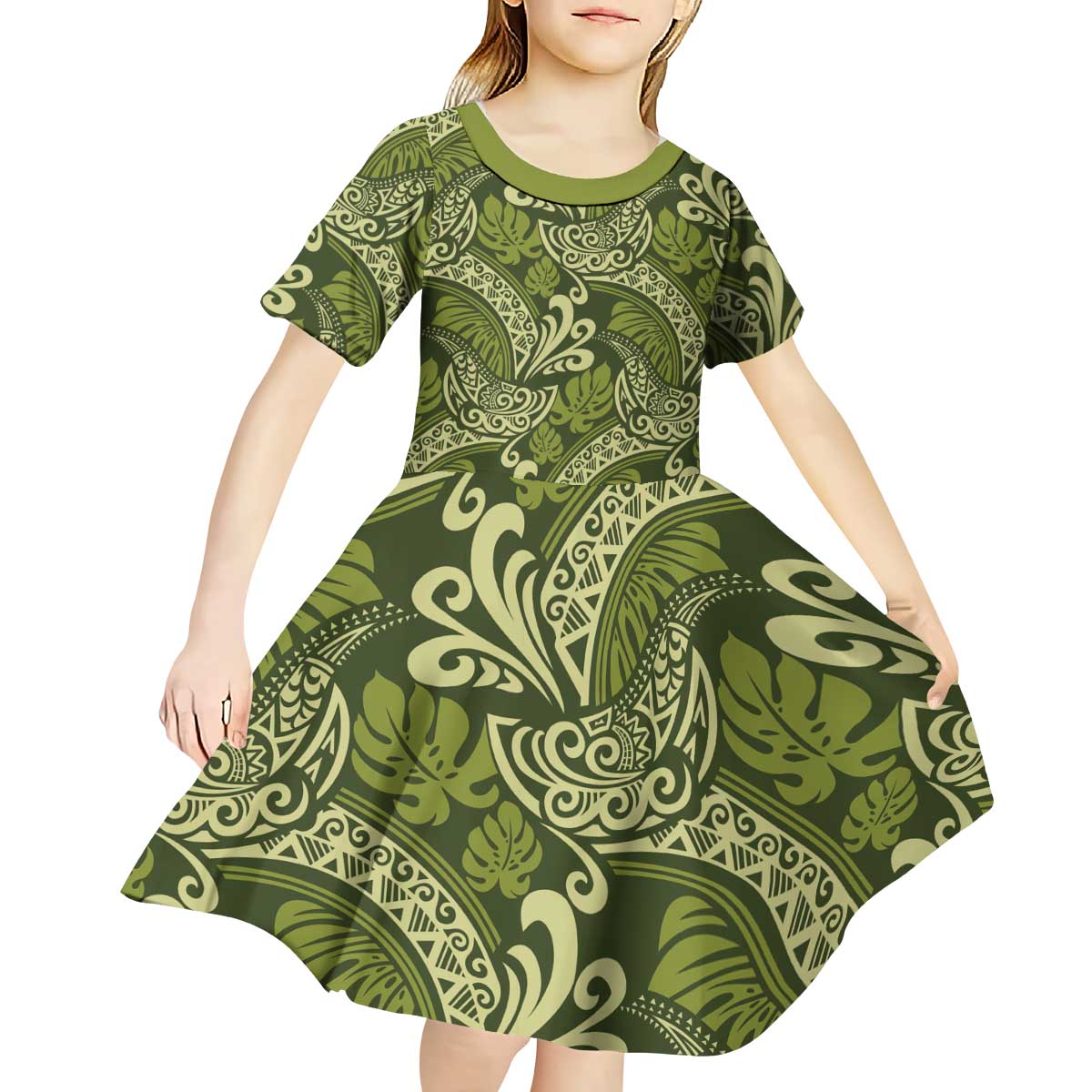 Olive Green Monstera Kid Short Sleeve Dress Polynesian Tribal Pattern LT01 - Polynesian Pride