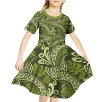 Olive Green Monstera Kid Short Sleeve Dress Polynesian Tribal Pattern LT01 - Polynesian Pride