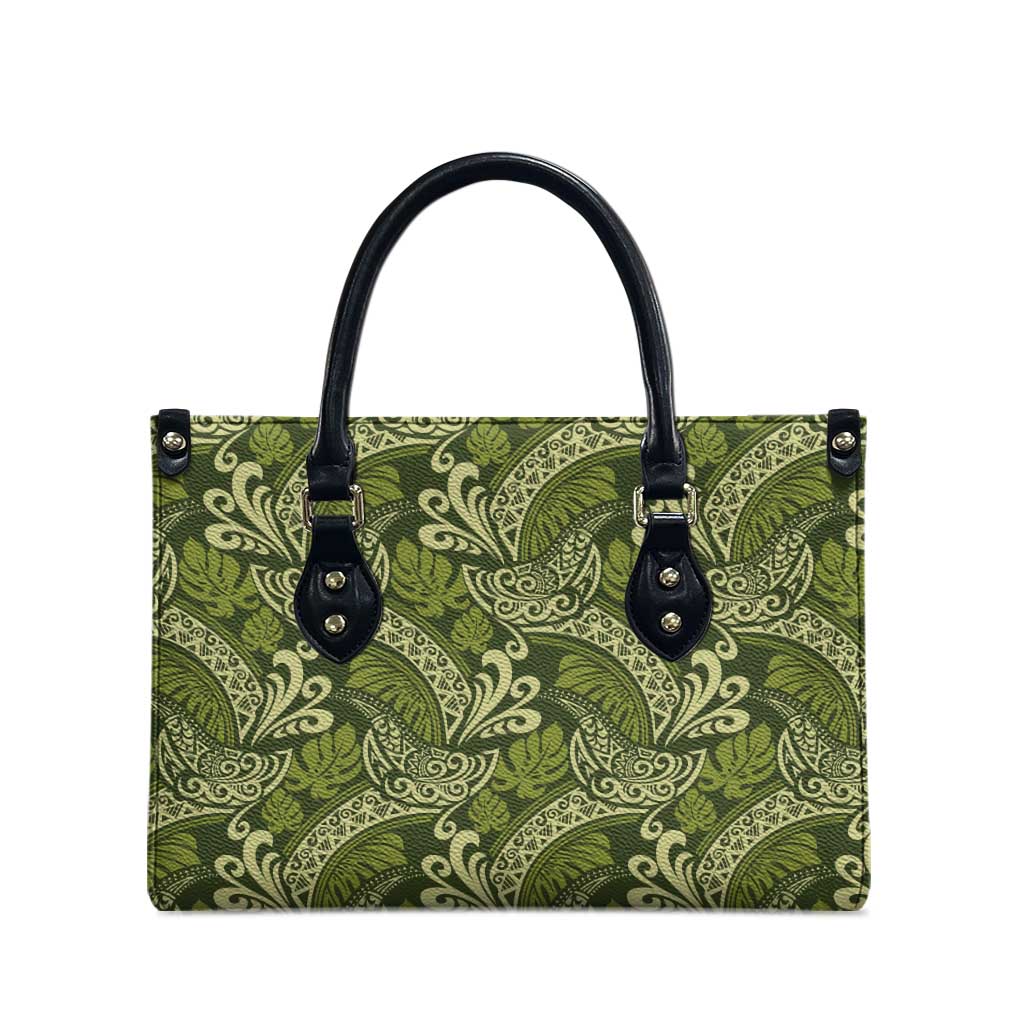 Olive Green Monstera Leather Bag Polynesian Tribal Pattern LT01 - Polynesian Pride