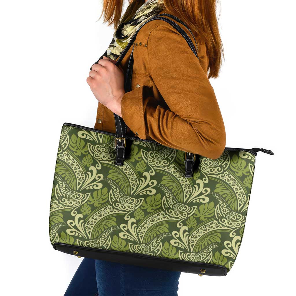 Olive Green Monstera Leather Tote Bag Polynesian Tribal Pattern LT01 Green - Polynesian Pride
