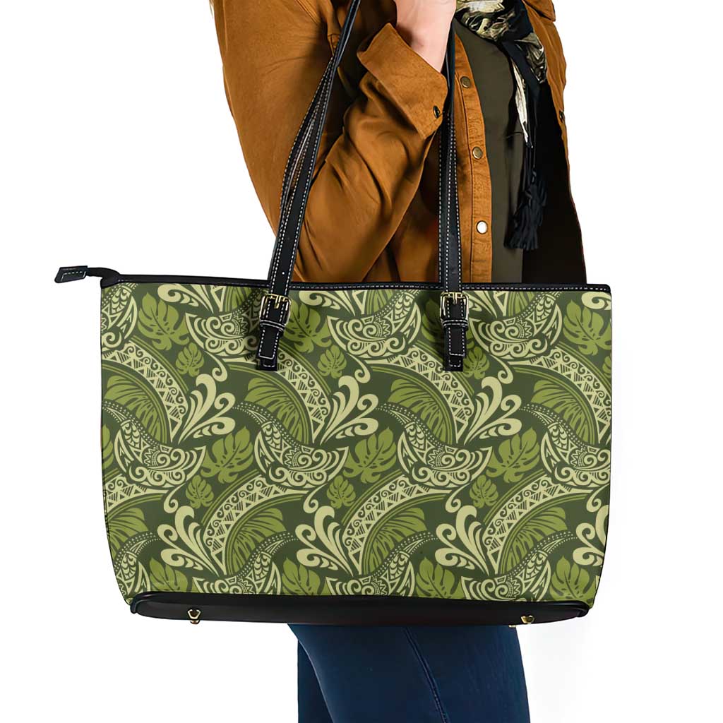 Olive Green Monstera Leather Tote Bag Polynesian Tribal Pattern LT01 - Polynesian Pride