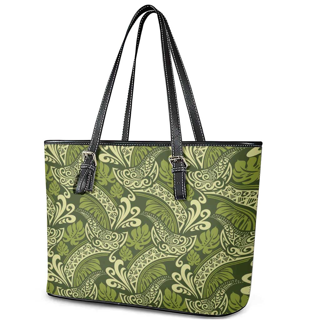 Olive Green Monstera Leather Tote Bag Polynesian Tribal Pattern LT01 - Polynesian Pride