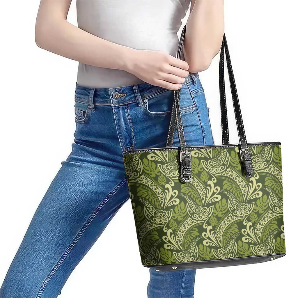 Olive Green Monstera Leather Tote Bag Polynesian Tribal Pattern LT01 - Polynesian Pride