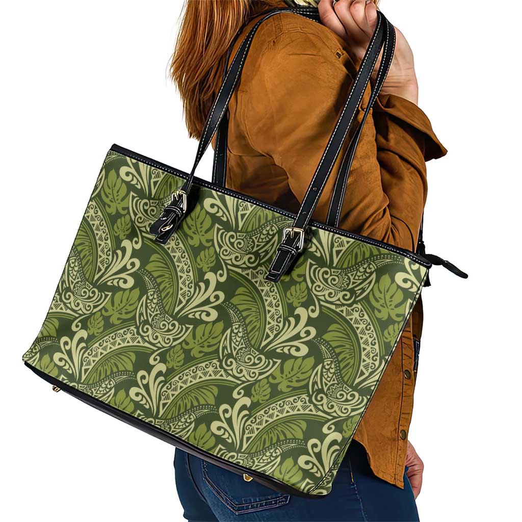 Olive Green Monstera Leather Tote Bag Polynesian Tribal Pattern LT01 - Polynesian Pride