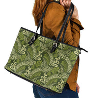 Olive Green Monstera Leather Tote Bag Polynesian Tribal Pattern LT01 - Polynesian Pride