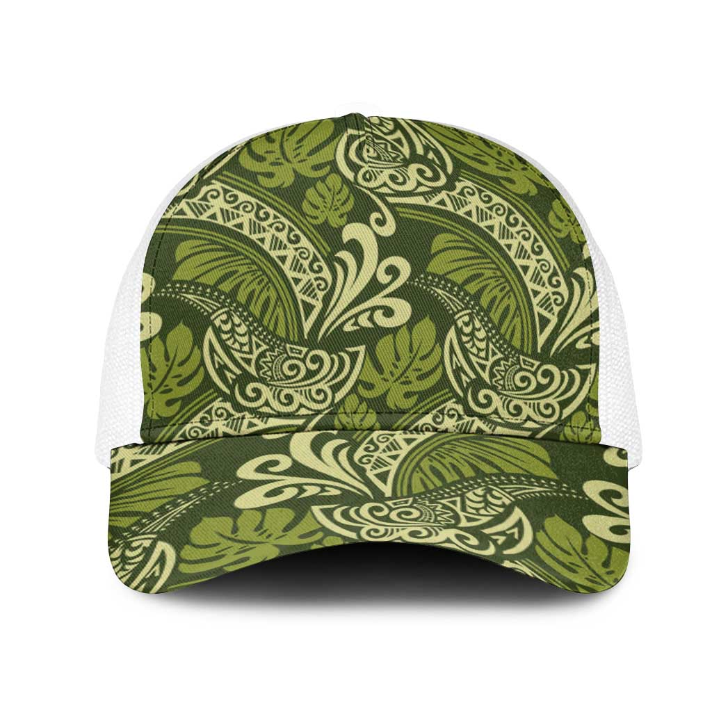 Olive Green Monstera Mesh Trucker Cap Polynesian Tribal Pattern LT01 One Size White Green - Polynesian Pride