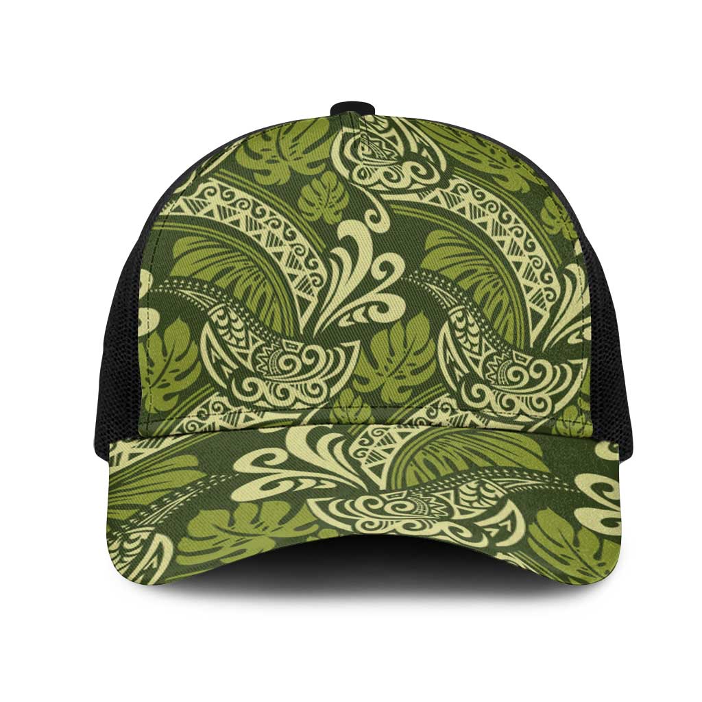 Olive Green Monstera Mesh Trucker Cap Polynesian Tribal Pattern LT01 One Size Black Green - Polynesian Pride