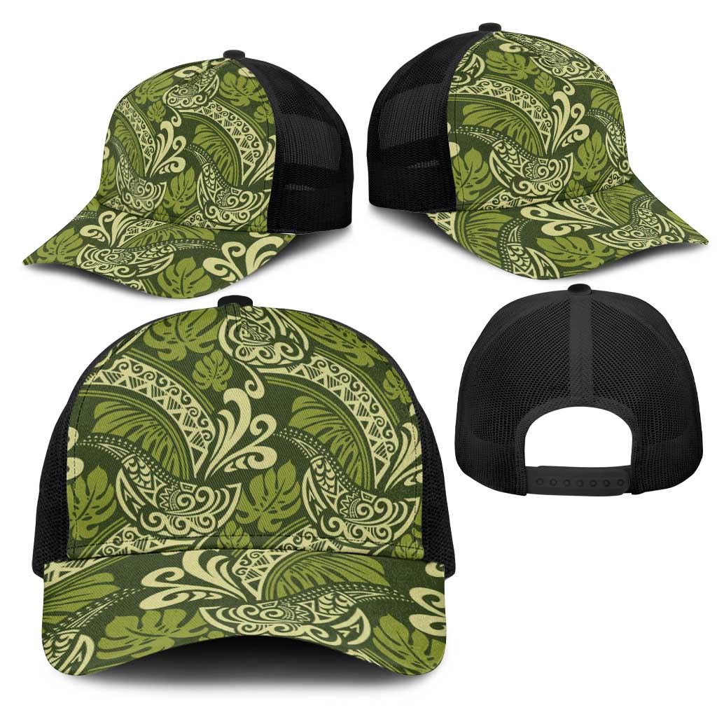 Olive Green Monstera Mesh Trucker Cap Polynesian Tribal Pattern LT01 - Polynesian Pride
