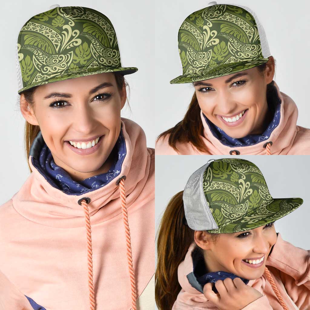 Olive Green Monstera Mesh Trucker Cap Polynesian Tribal Pattern LT01 - Polynesian Pride