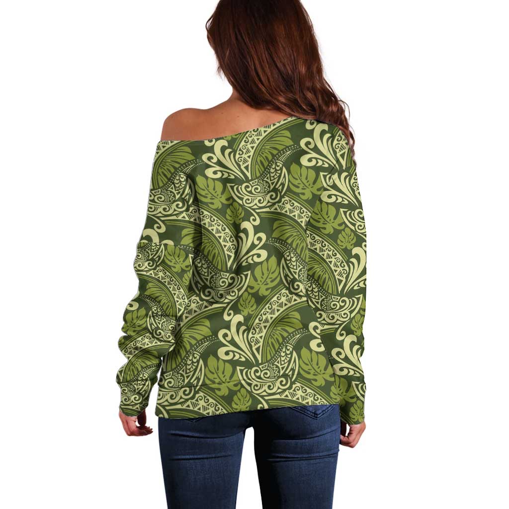 Olive Green Monstera Off Shoulder Sweater Polynesian Tribal Pattern LT01 - Polynesian Pride