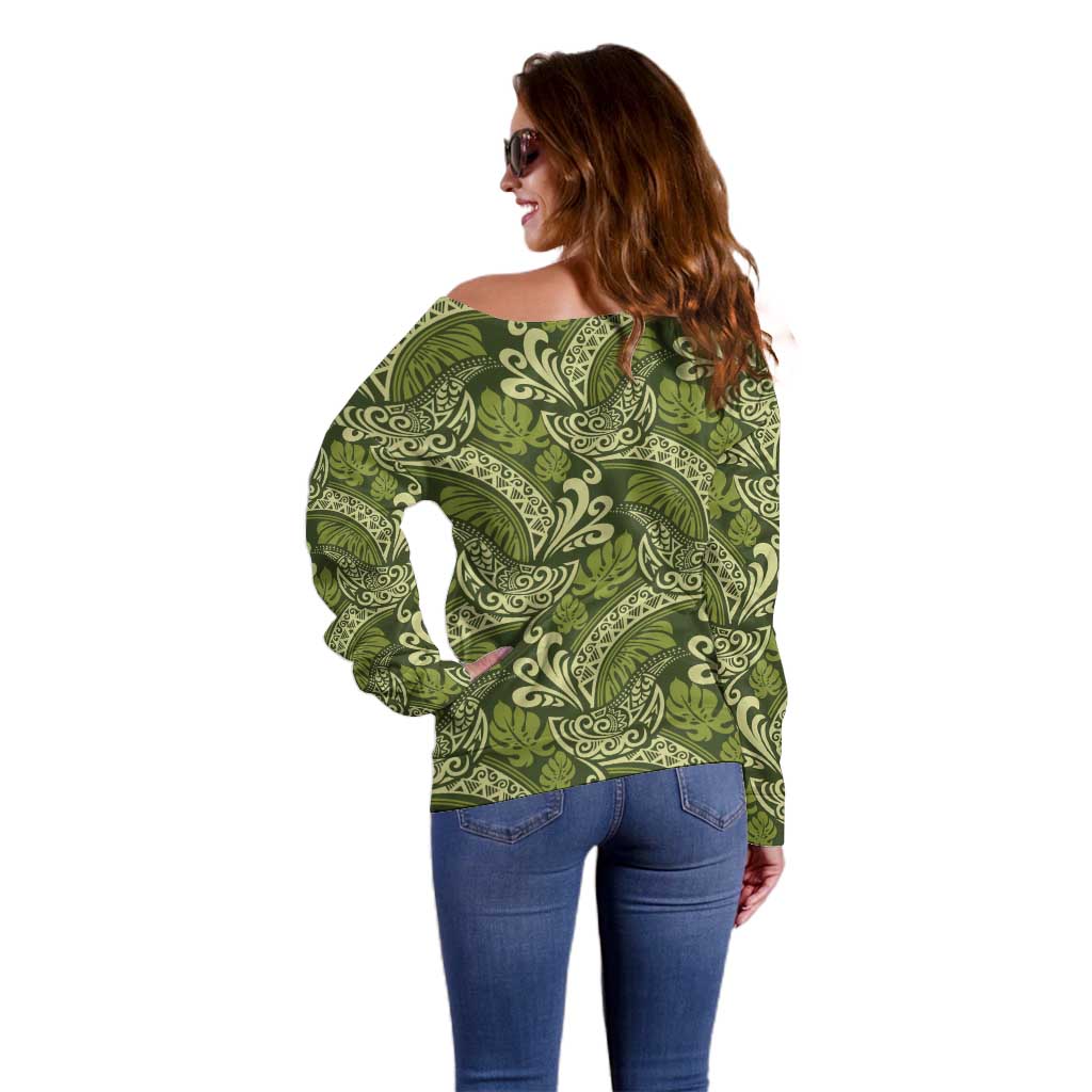 Olive Green Monstera Off Shoulder Sweater Polynesian Tribal Pattern LT01 - Polynesian Pride