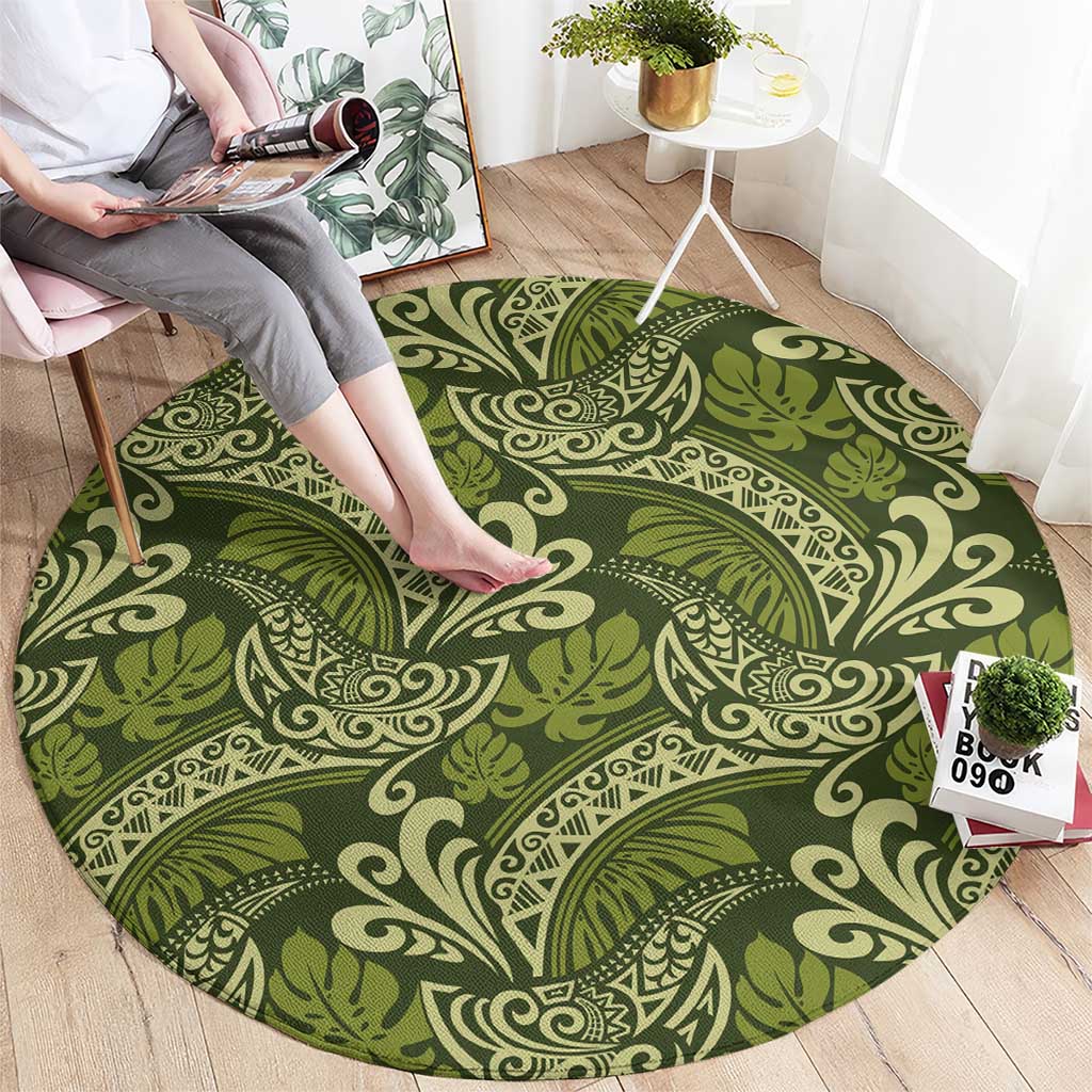 Olive Green Monstera Round Carpet Polynesian Tribal Pattern LT01 - Polynesian Pride